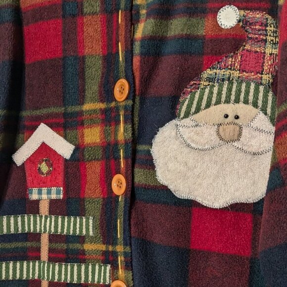 Burgundy Plaid Button Christmas Holiday Fleece Cardigan; Santa Claus; Size L-XL - Picture 2 of 5